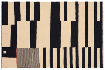 Flat Weave Kilim, Antique, Navaho, Vintage, Handmade, Modern Kilim Beige Black Hand-Woven Rectangle 100% Wool Area Rug 5 x 8